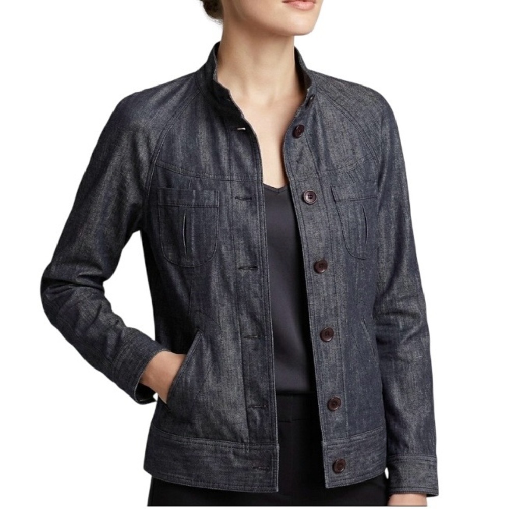 J.Jill Dark Blue Denim Utility Lightweight Jacket Button Front Linen M Tall